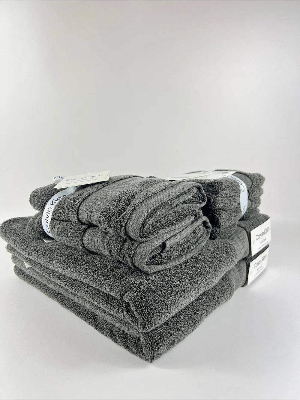 Calvin Klein Bath Towel Set Empower Dark Gray Plush Cotton Zero Twist 8 Pc NEW